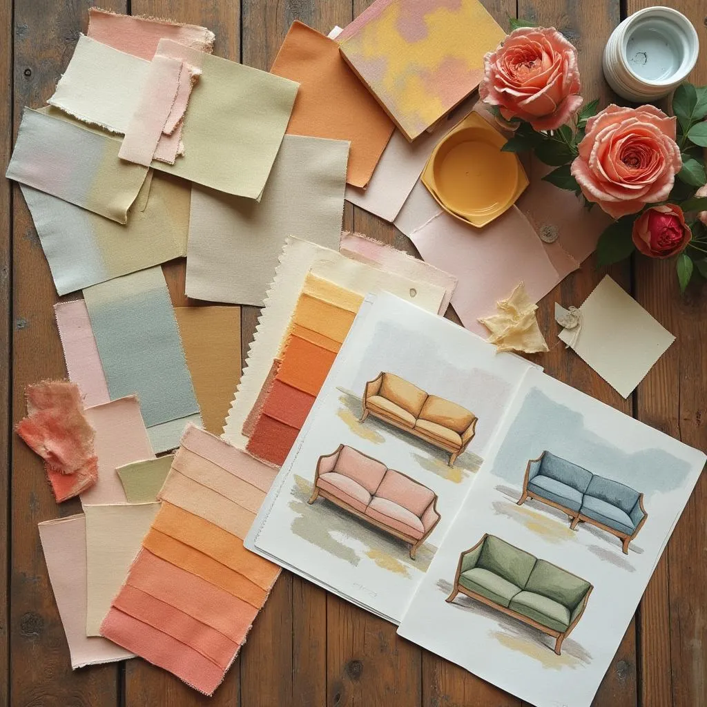 Collage inspirador de texturas, colores y bocetos de diseño de interiores